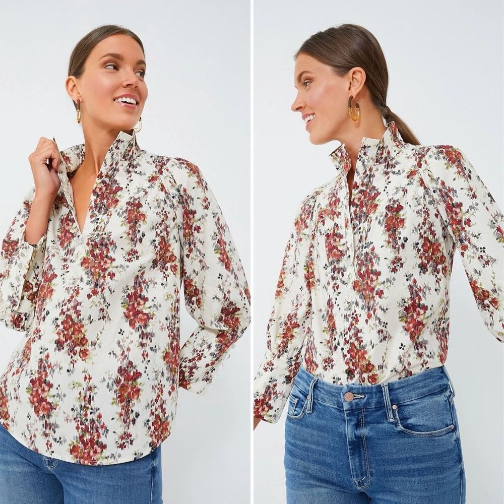 Tuckernuck Cerise Falling Flowers Bouquet Corrigan Blouse Size S